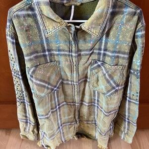 Free People Washed and Destructed Plaid Studded Fringe Ripped Shacked
